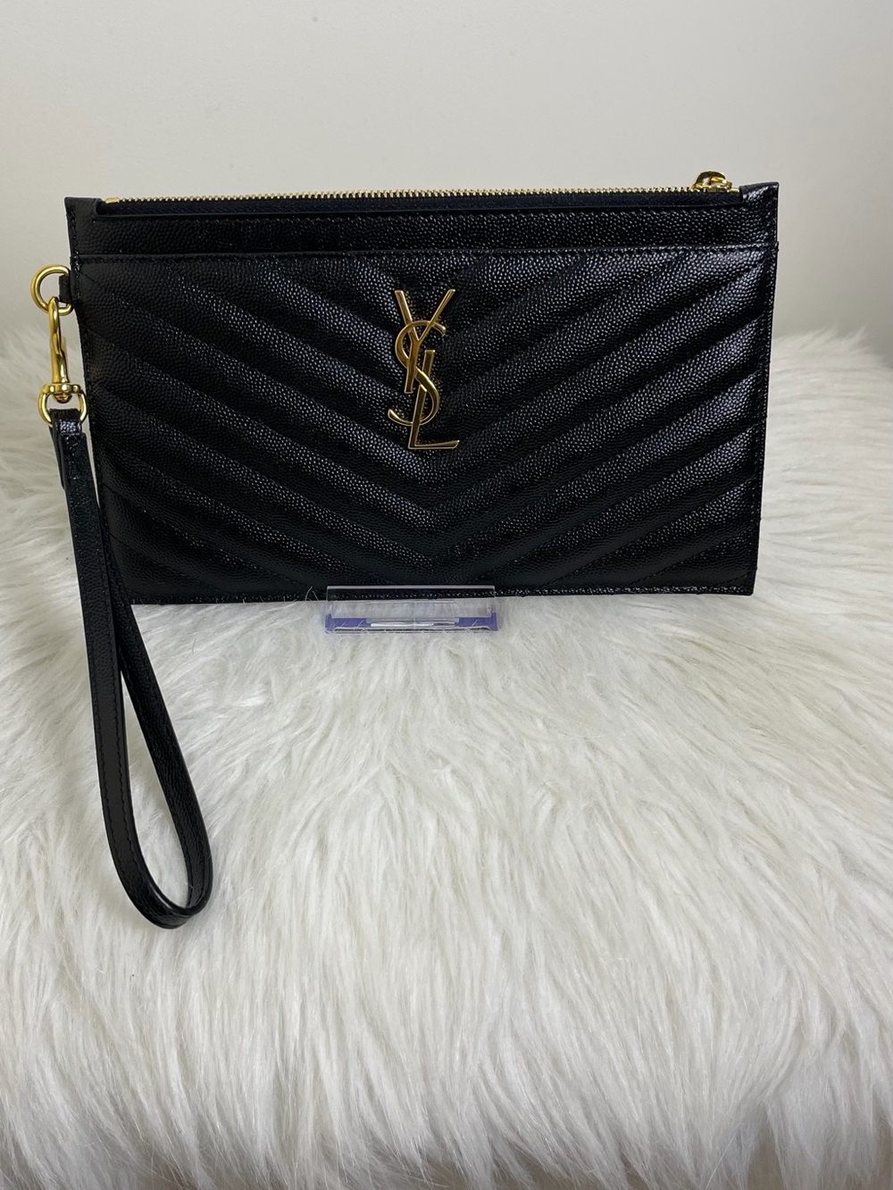 Saint Laurent Black Quilted Leather Wristlet with Gold YSL Logo
